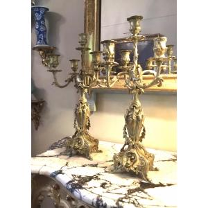 Pair Of Chiseled And Gilded Bronze Candelabra 