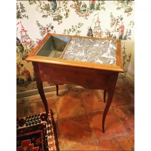 Very Beautiful Louis XV Style Refreshment Table With Marble Top And Zinc Tray