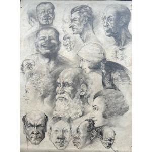 Drawing, Study Of Heads, Pencil On Paper, Signed H. Englebert, Dated 1938. 