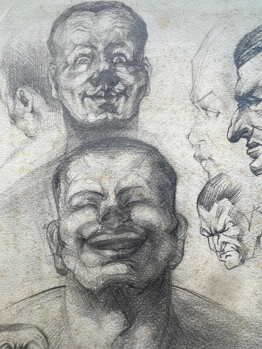 Drawing, Study Of Heads, Pencil On Paper, Signed H. Englebert, Dated 1938. -photo-2
