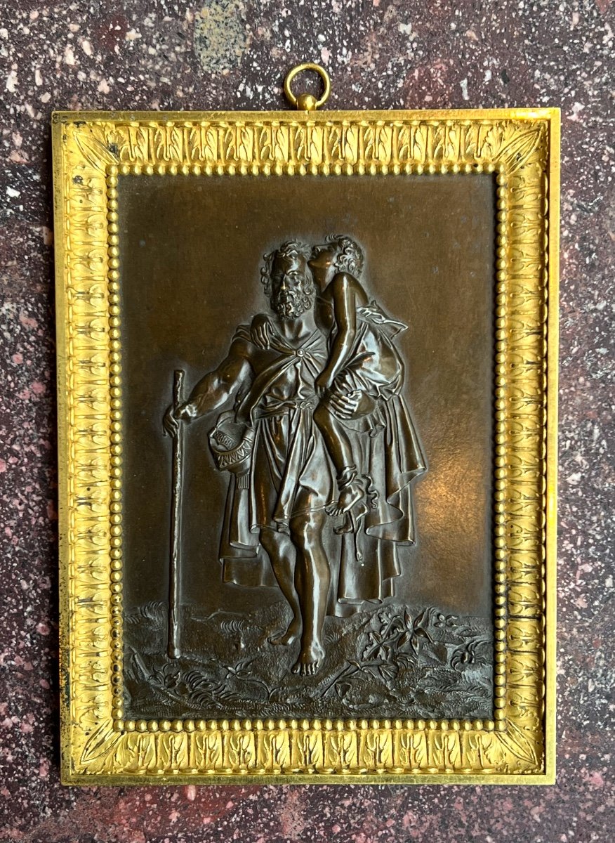 Bas Relief En Bronze Patiné Et Doré, Bélisaire, D’après François Gérard, époque Empire.