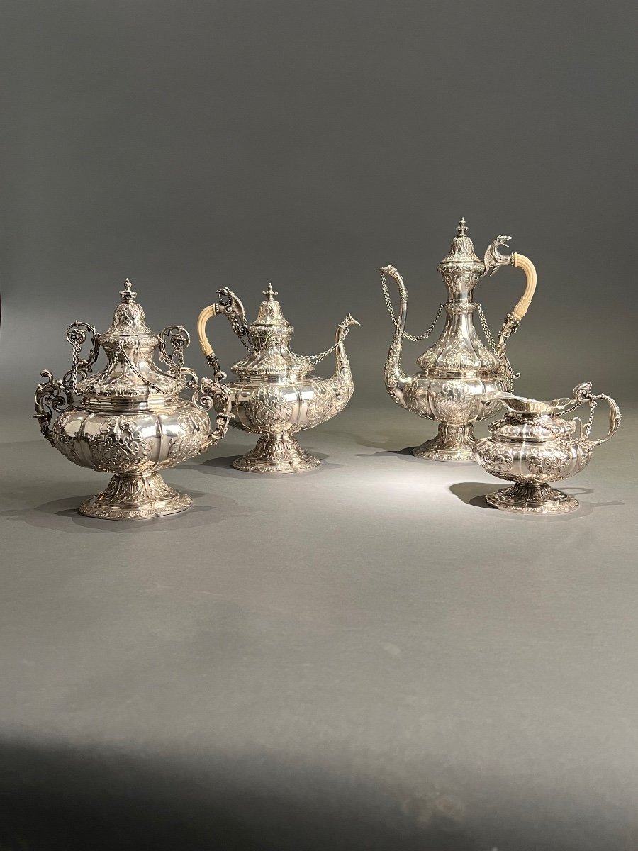 Jp Allard, Ottoman Style Tea And Coffee Service In Sterling Silver First Title, Ca.1845.