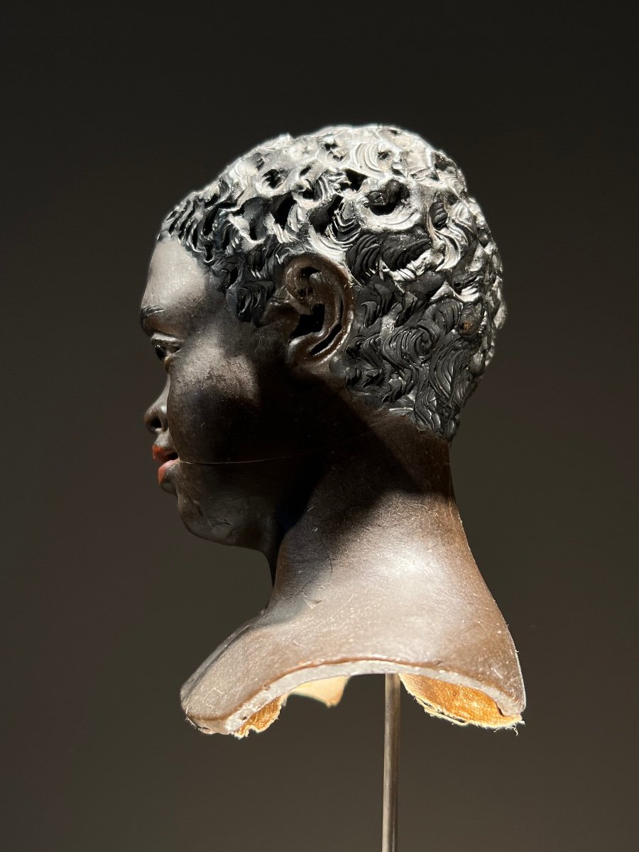 Tête De Santon Napolitain De Jeune Africain En Cire, Yeux En Sulfure, Italie-photo-3