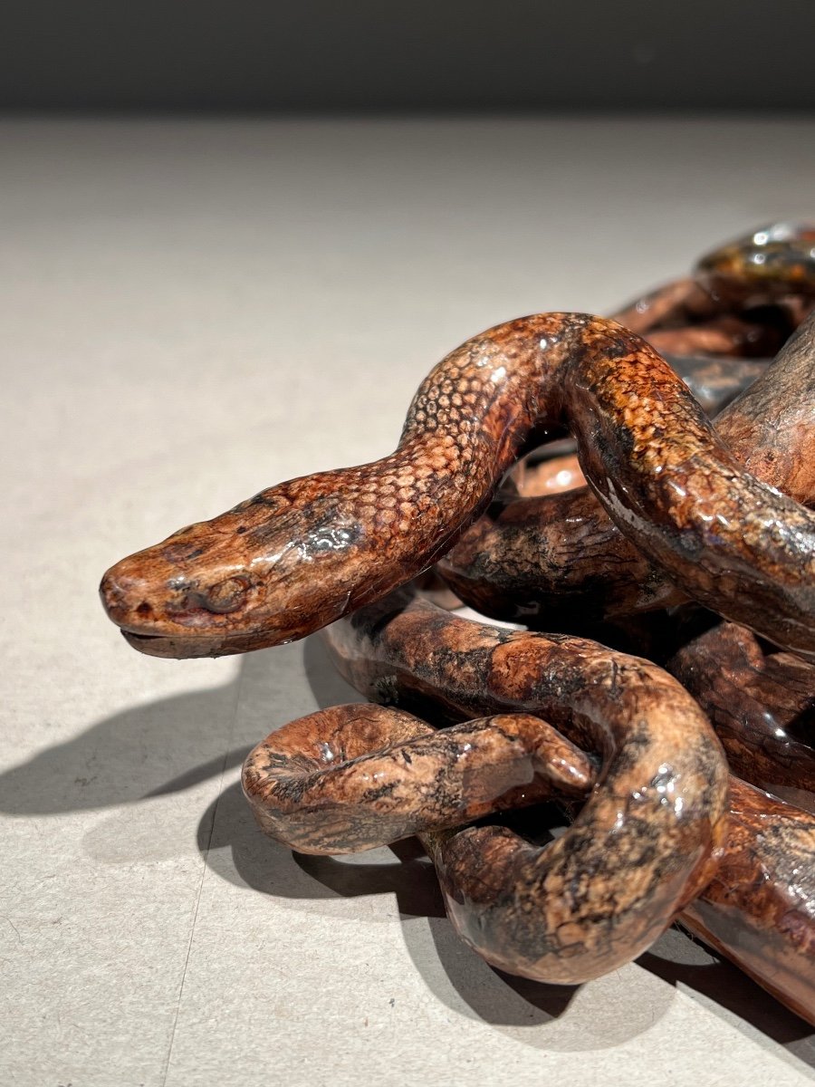Serpents Entrelacés, Céramique D’après Bernard Palissy, école De Tours, France, Fin 19e.-photo-2