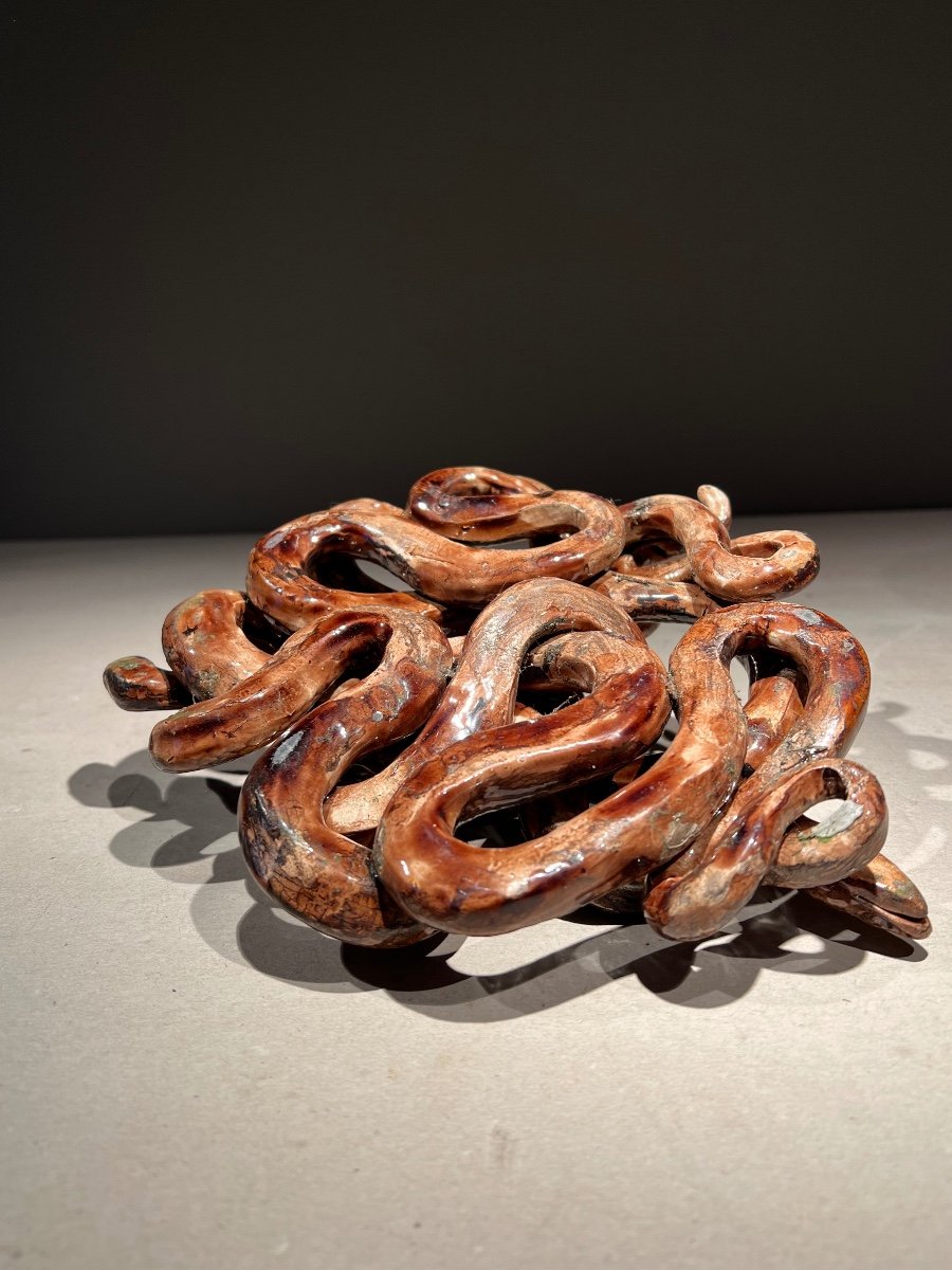 Serpents Entrelacés, Céramique D’après Bernard Palissy, école De Tours, France, Fin 19e.-photo-4