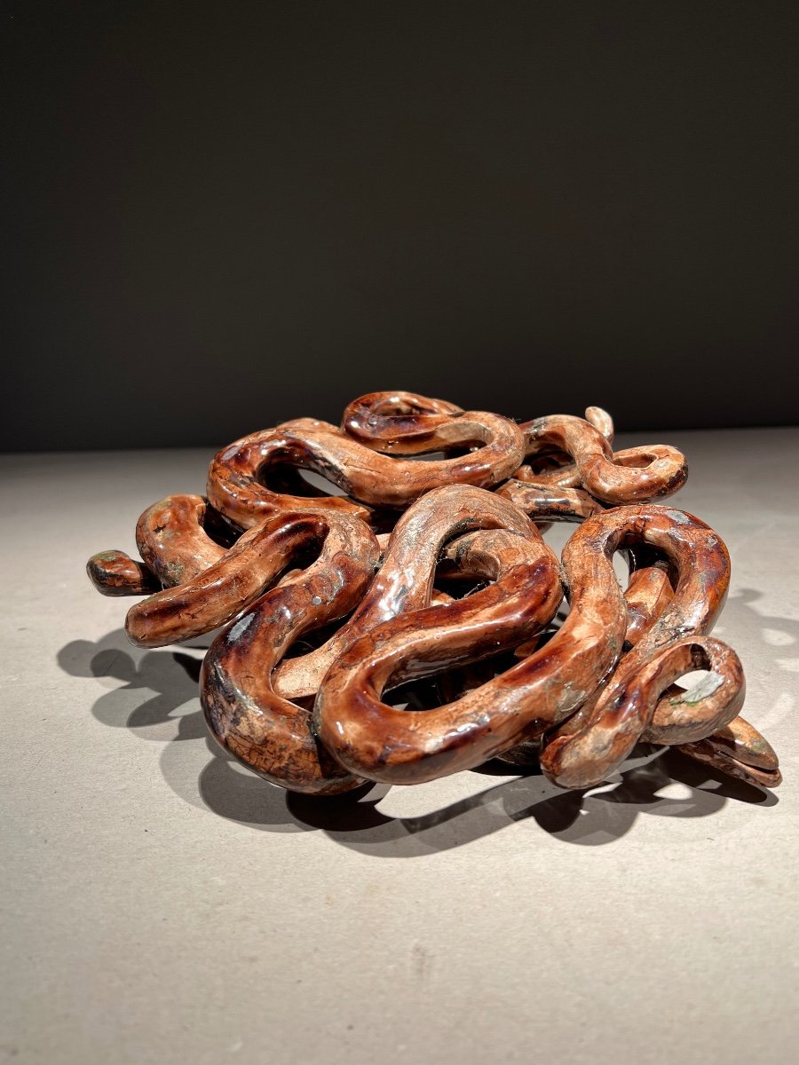 Intertwined Snakes, Ceramic After Bernard Palissy, Tours School, France, Late 19th.-photo-4