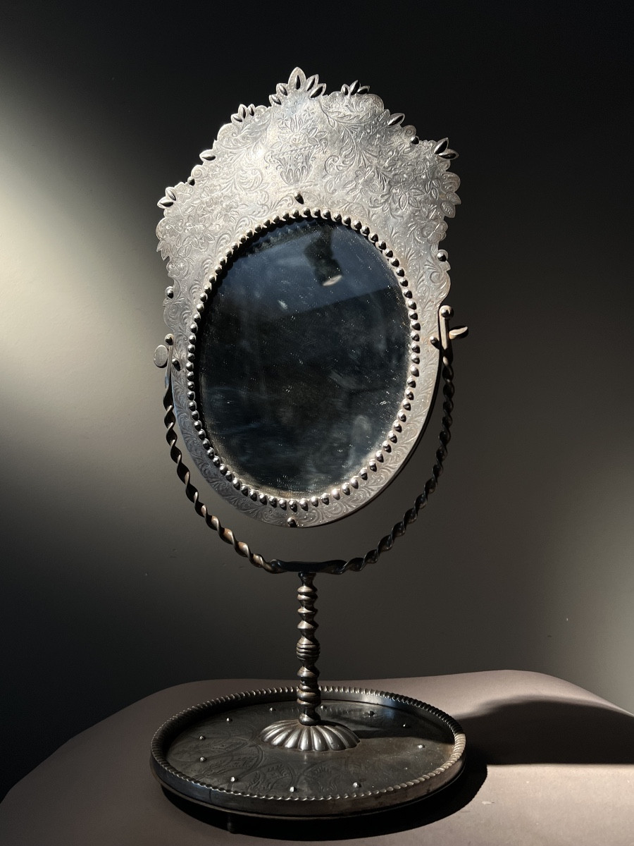 Neo-classical Cut And Engraved Steel Table Mirror, Russia Or France, Circa 1830.