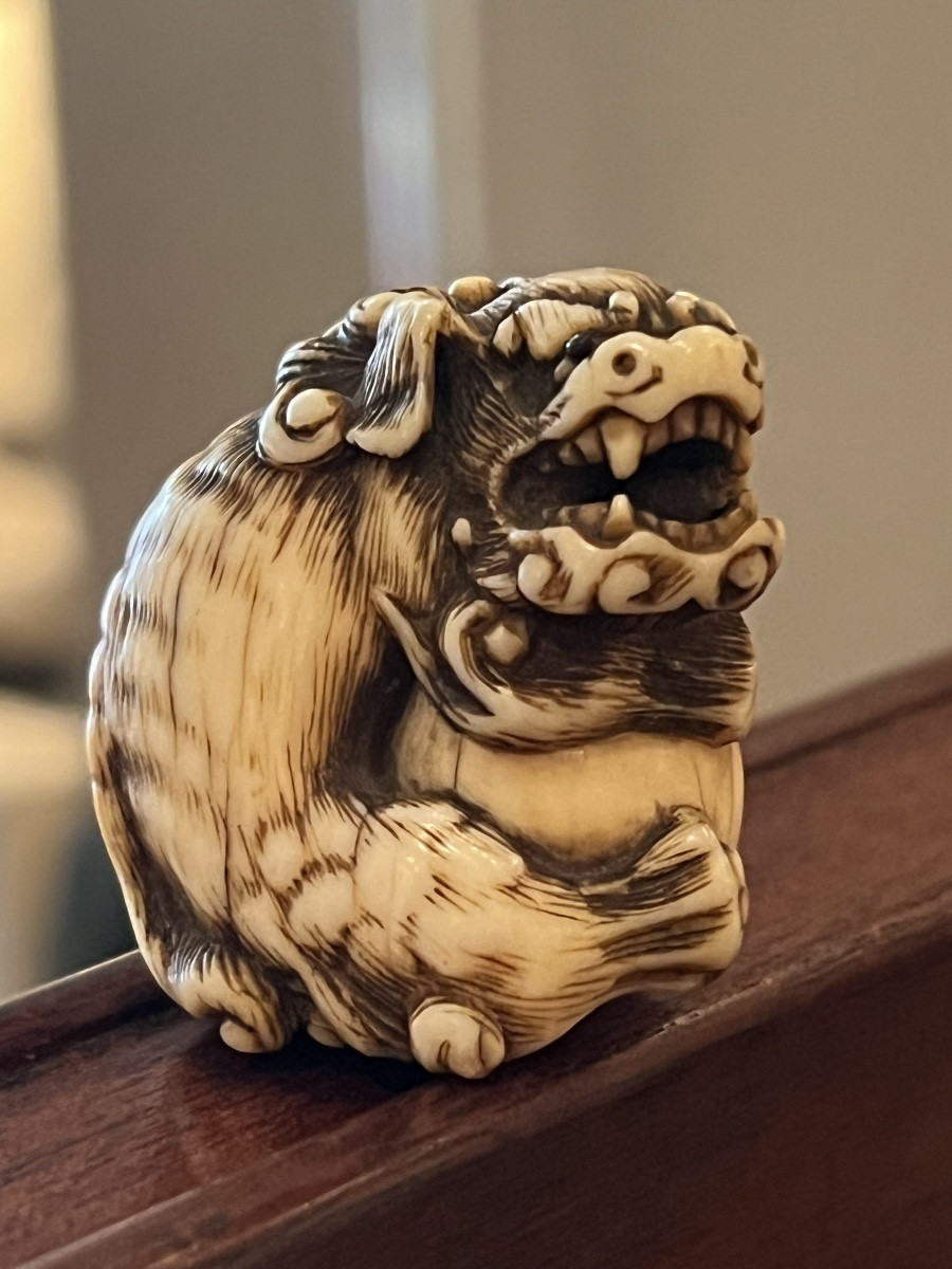 Netsuke In The Shape Of A Shishi In Marine Ivory, Kyoto School, Japan, Late Edo Period.