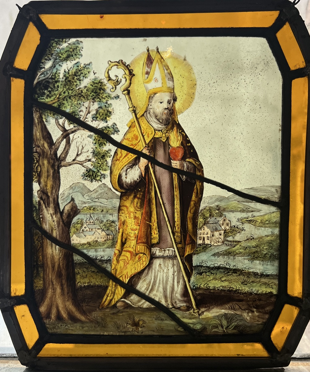 Vitrail Flamand du 17e siècle représentant Saint-Augustin,.
