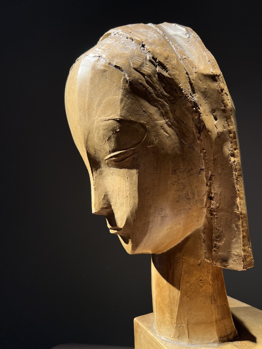 Emiel Poetou (1885-1975), Head Of A Girl, Lacquered Plaster Sculpture, Signed, 1926.-photo-2