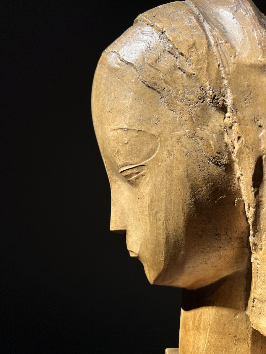 Emiel Poetou (1885-1975), Head Of A Girl, Lacquered Plaster Sculpture, Signed, 1926.-photo-3
