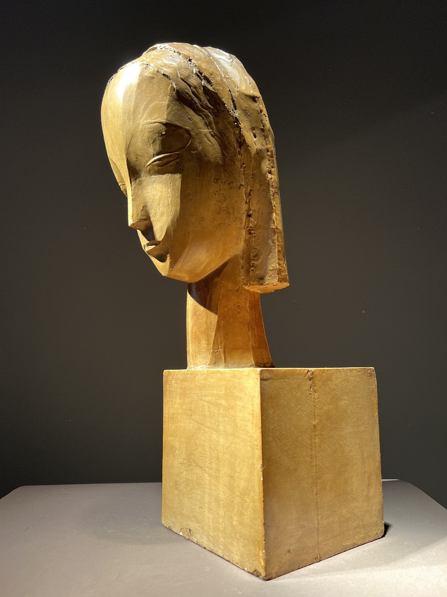 Emiel Poetou (1885-1975), Head Of A Girl, Lacquered Plaster Sculpture, Signed, 1926.-photo-1