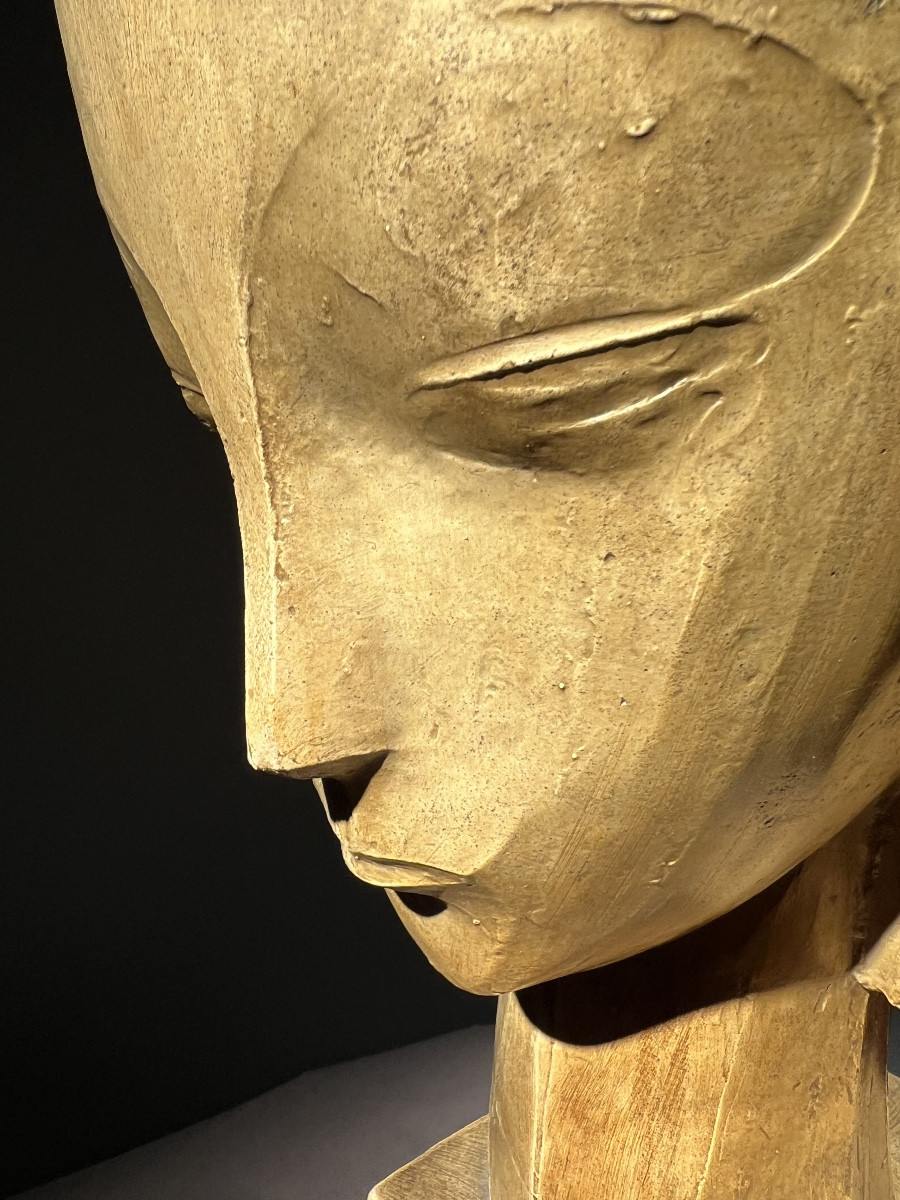 Emiel Poetou (1885-1975), Head Of A Girl, Lacquered Plaster Sculpture, Signed, 1926.-photo-4