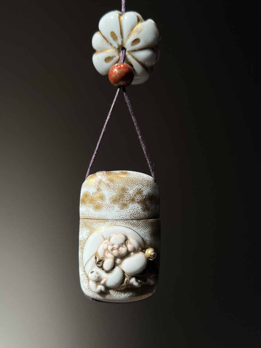Inro Porcelain Decoration With Children Playing, With Netsuke, Japan, Late Medji Period, Ca. 1890-1900.-photo-2