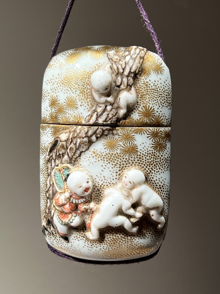 Inro Porcelain Decoration With Children Playing, With Netsuke, Japan, Late Medji Period, Ca. 1890-1900.
