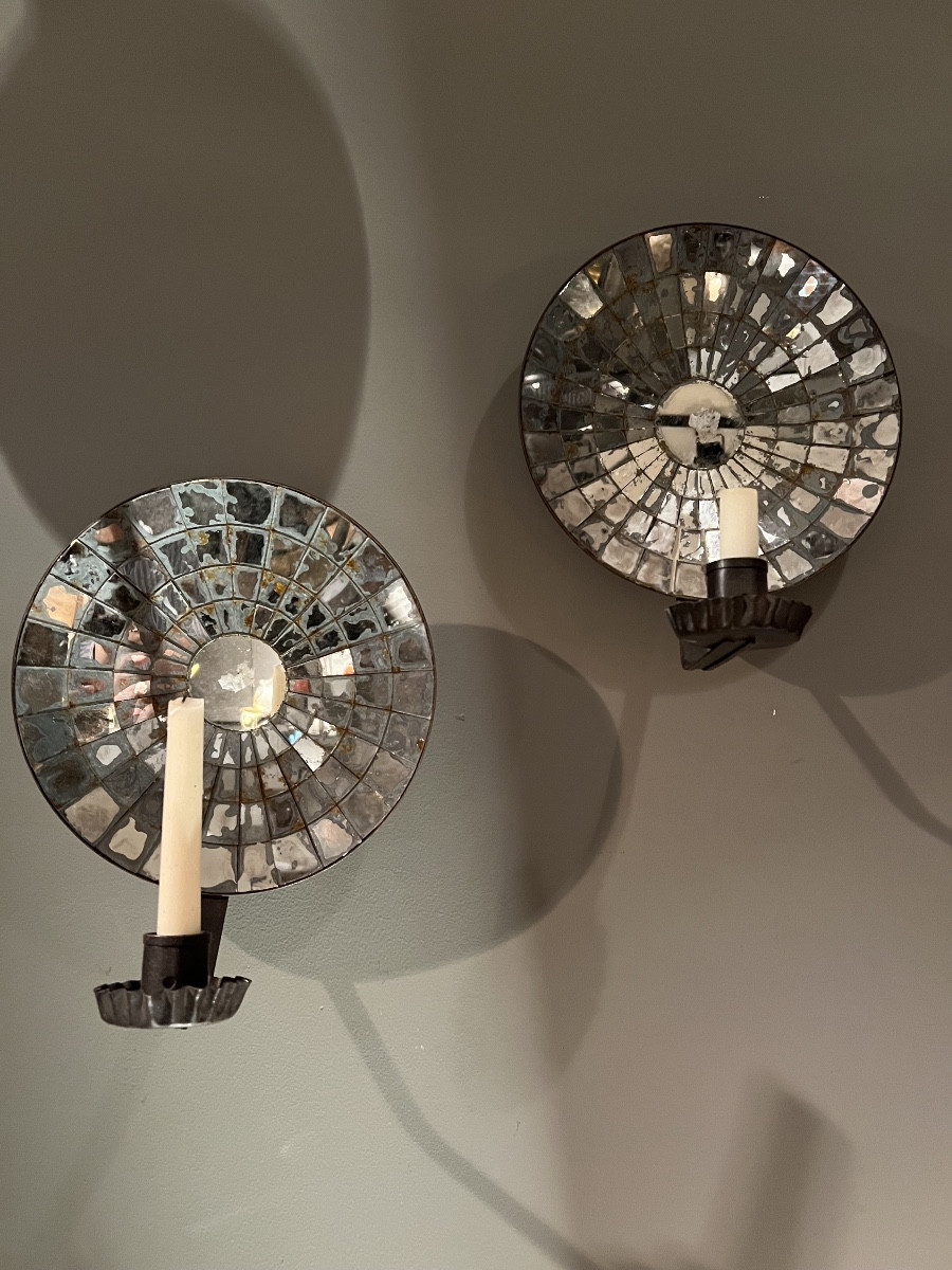 Pair Of Sheet Metal Wall Sconces With Beveled Mirrors, French Production, Late 19th Century.-photo-3