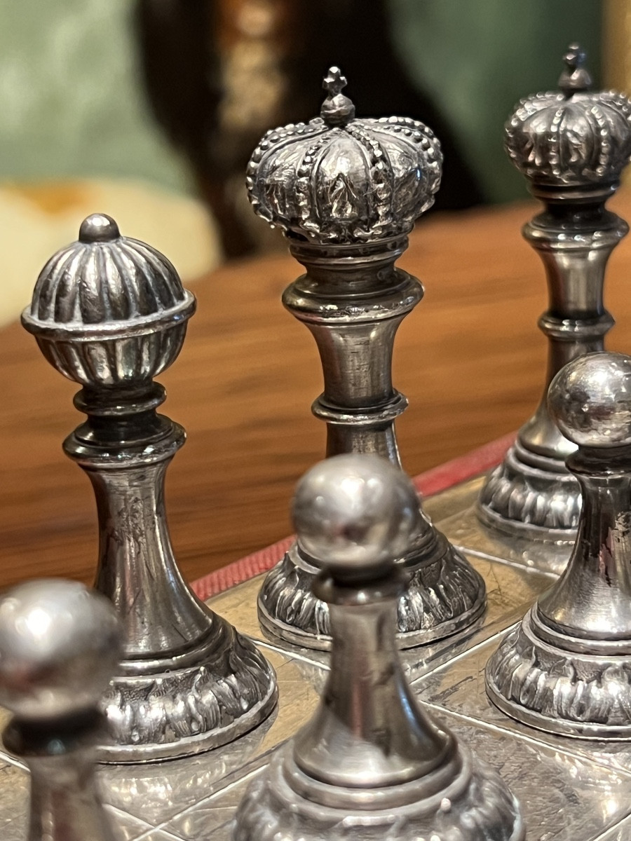 Silver And Gold Metal Chess Set, In Its Original Box, Germany, Circa 1880.-photo-3