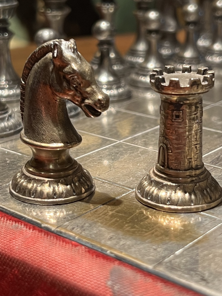 Silver And Gold Metal Chess Set, In Its Original Box, Germany, Circa 1880.-photo-4