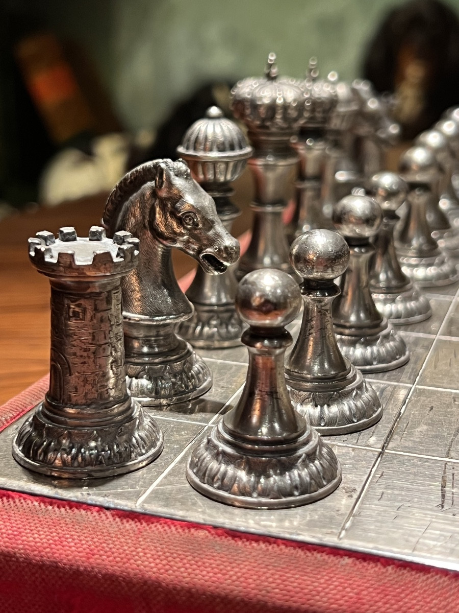 Silver And Gold Metal Chess Set, In Its Original Box, Germany, Circa 1880.-photo-3