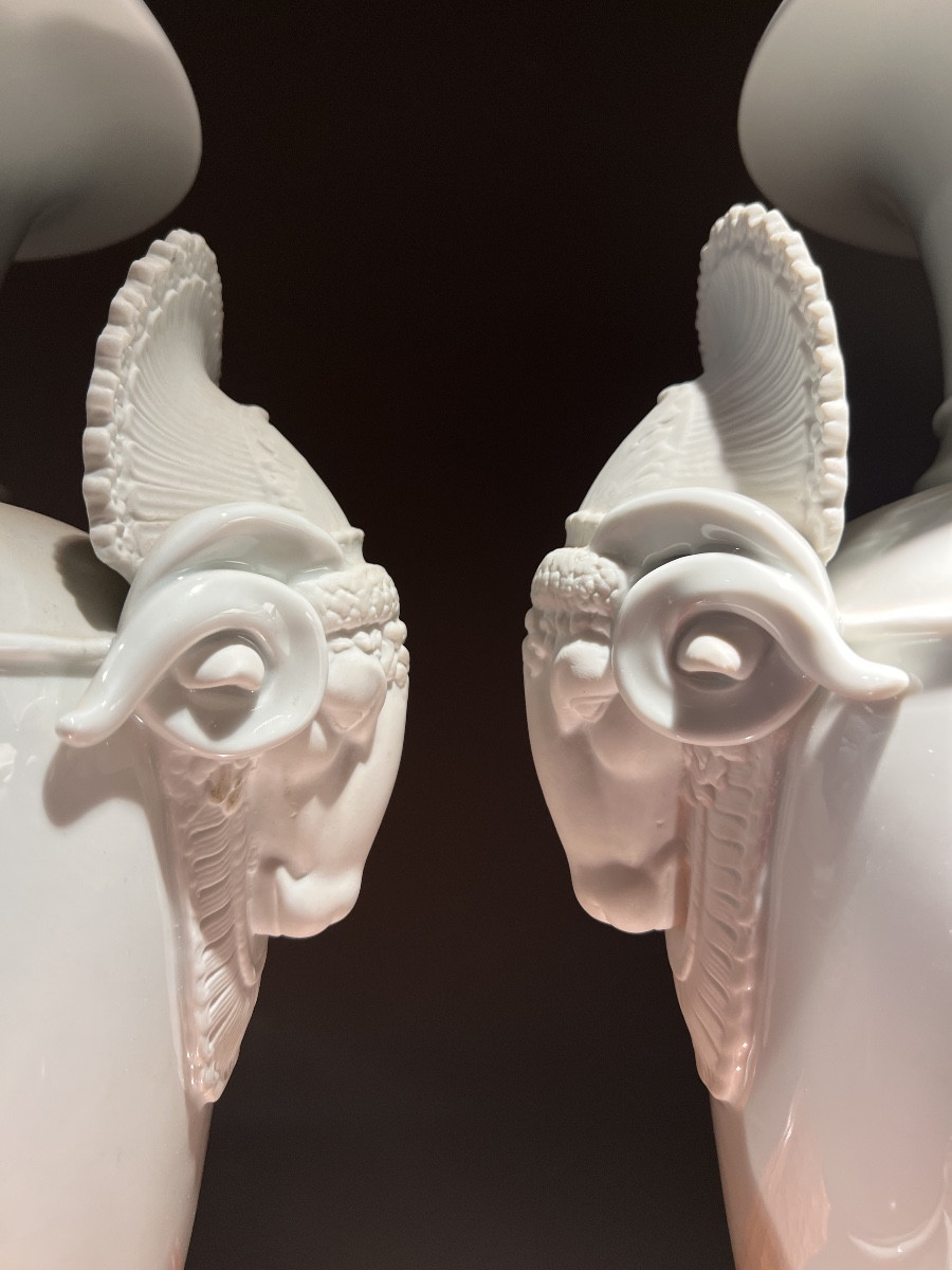 Pair Of White Porcelain Vases With Goat-head Handles, Probably German, Circa 1930-photo-2
