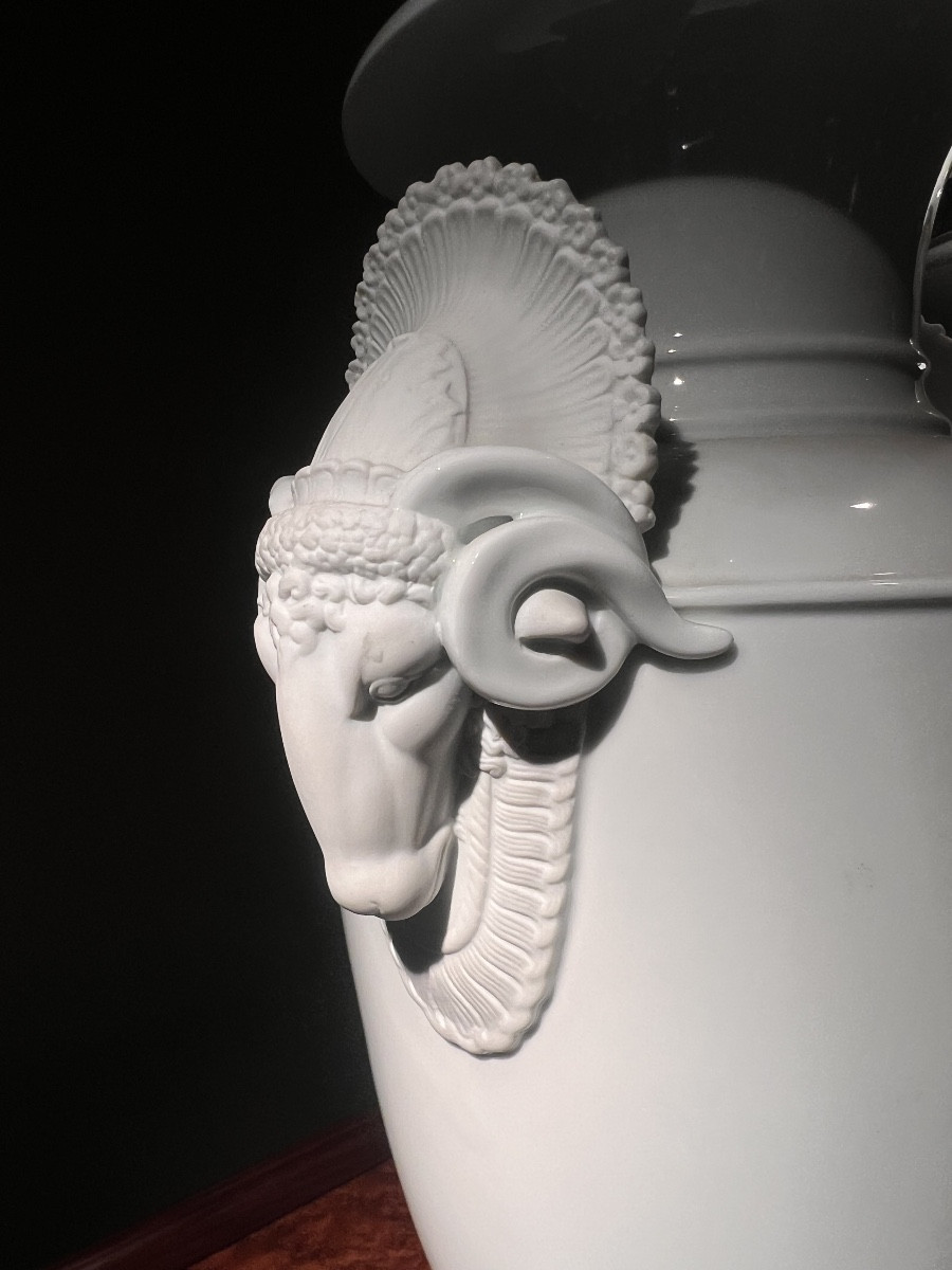 Pair Of White Porcelain Vases With Goat-head Handles, Probably German, Circa 1930-photo-3