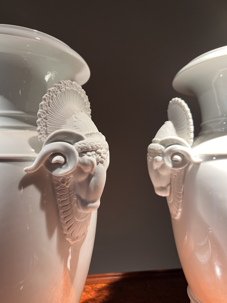 Pair Of White Porcelain Vases With Goat-head Handles, Probably German, Circa 1930-photo-4