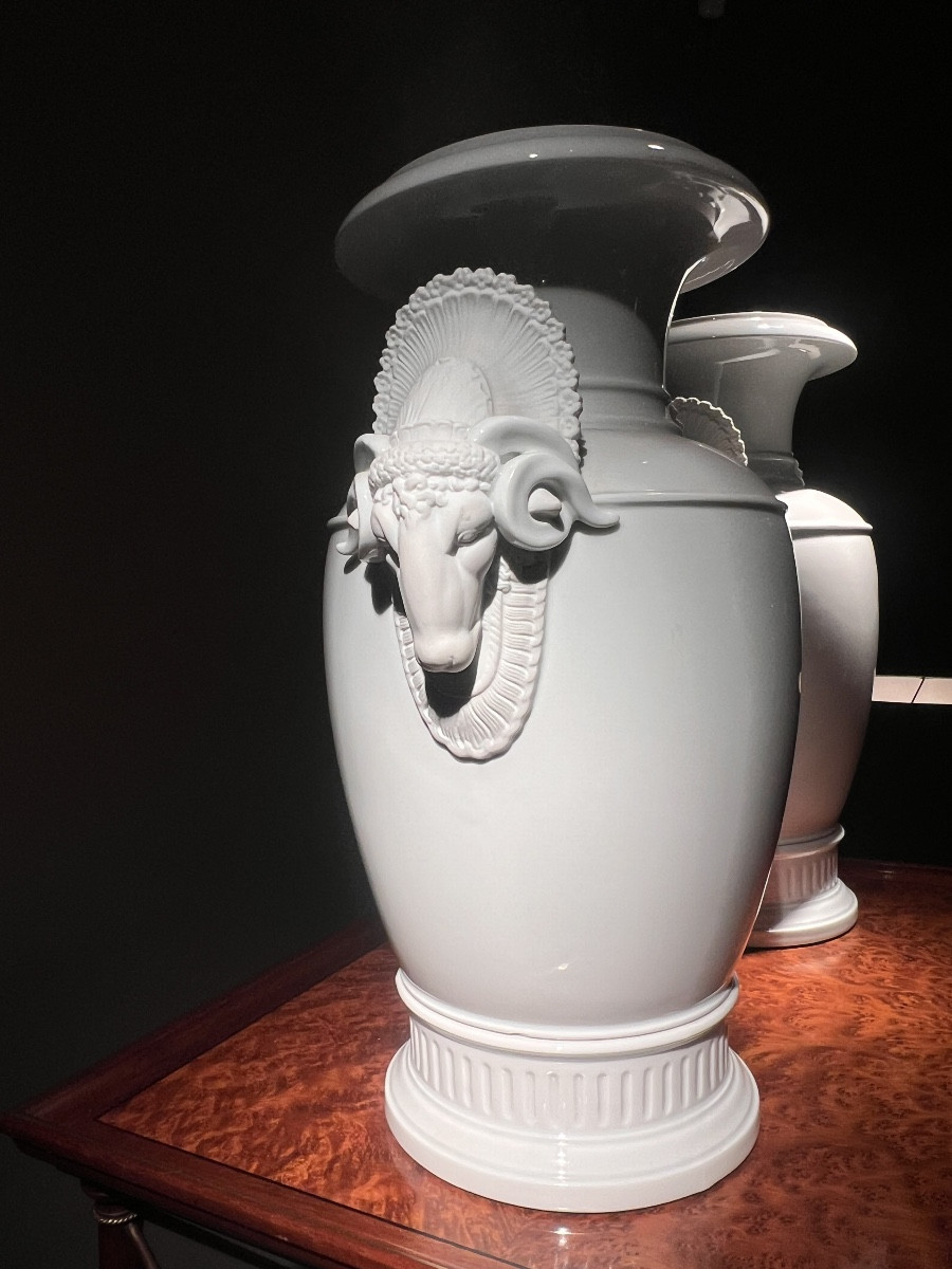 Pair Of White Porcelain Vases With Goat-head Handles, Probably German, Circa 1930-photo-1