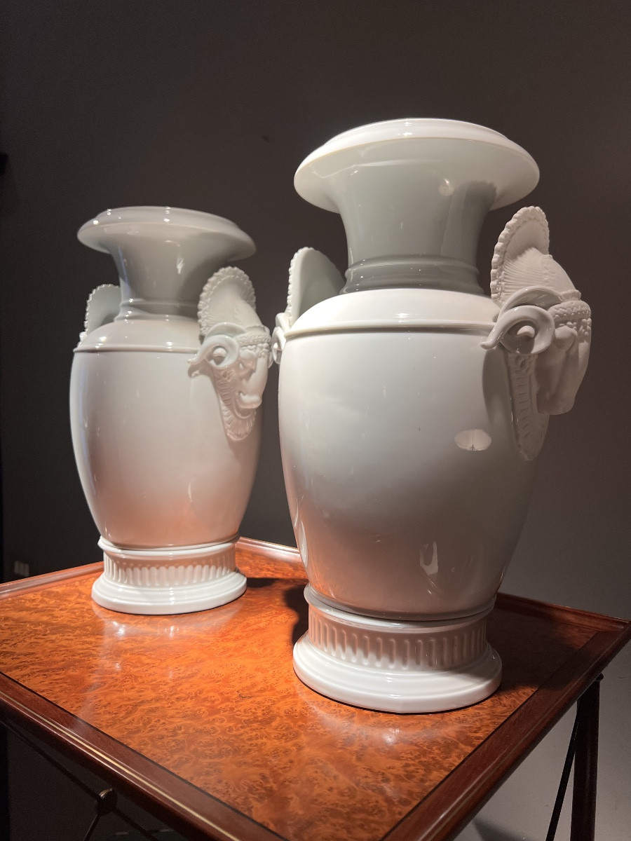 Pair Of White Porcelain Vases With Goat-head Handles, Probably German, Circa 1930