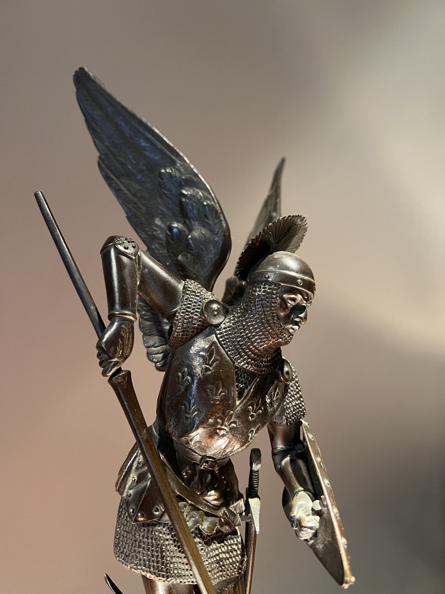 Leon Pilet (1840-1916), saint michel terrassant le dragon, bronze à patine brune, vers 1870.-photo-2