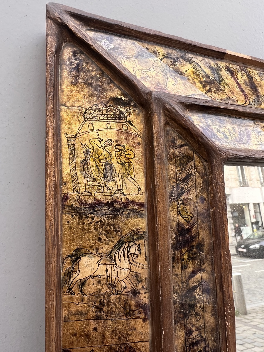 Small Mirror, Decorated With Verre églomisé Panels, France, 1940s-1950s.  -photo-3