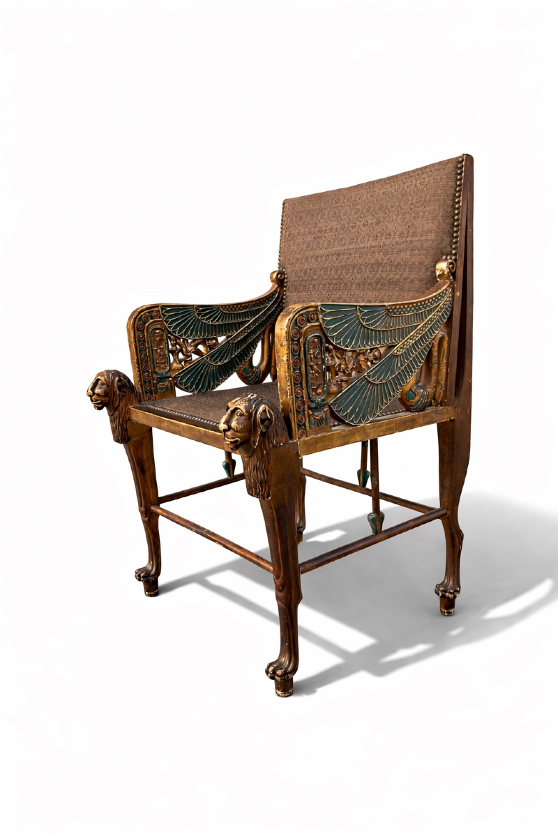 Egyptian Revival Armchair In Gilt And Lacquered Wood, England, 19th Century.