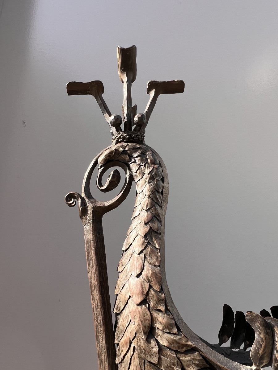 Edgar Brandt (1880-1960) attr. á, porte cigare en fer forgé en forme de grue, Art-Deco, ca.1925-photo-4