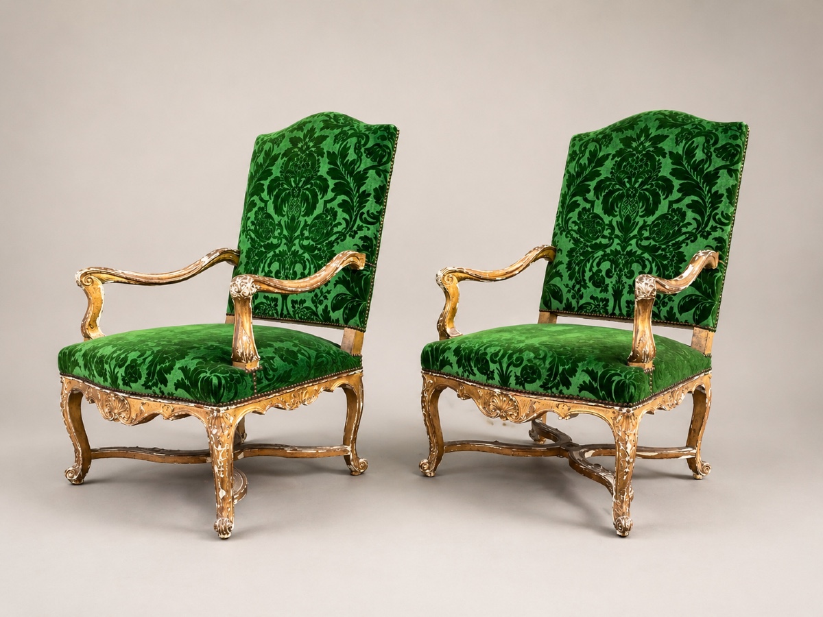 Pair Of Regency-style Armchairs In Gilded Wood, Silk Velvet, France, Napoleon III Period.