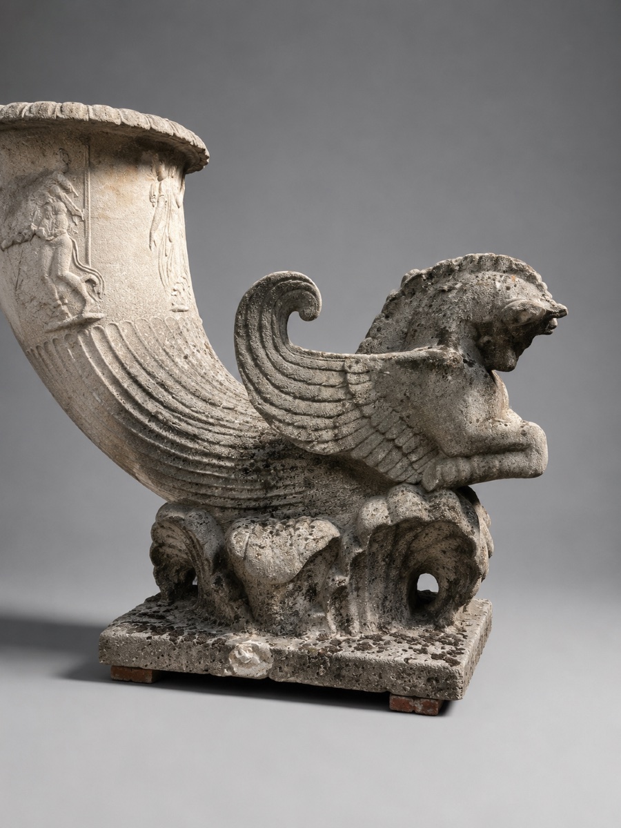 Rhyton en pierre reconstituée, neo-classique , ornament de jardin, fin 19e.-photo-2