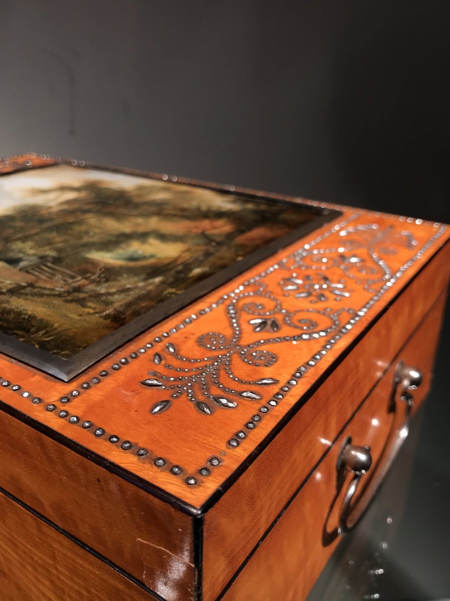 Box In Lemonwood And Cut Steel With églomisé, Vienna, Ca. 1810 -1830.-photo-3