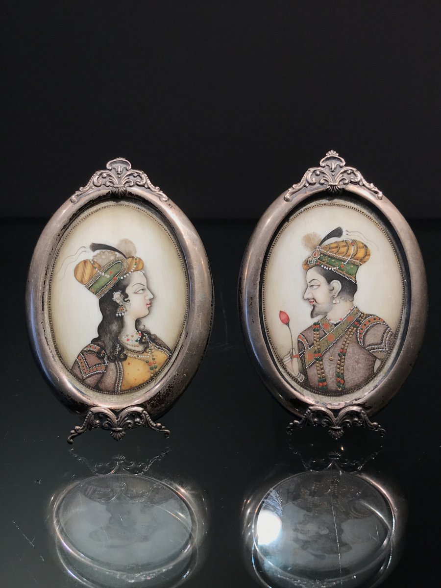 Pair Of Indian Miniatures, Gouache On Ivory, Ca. 1920.