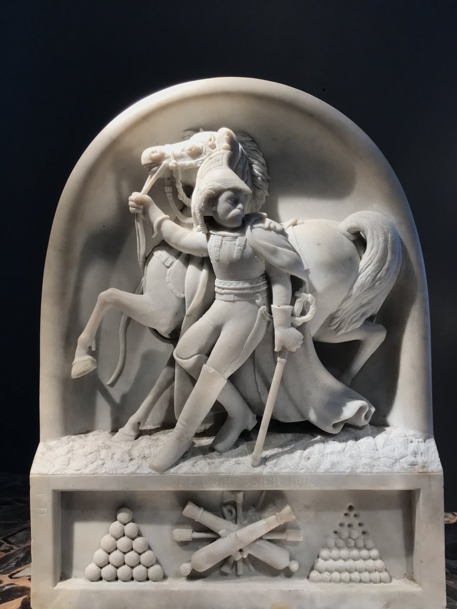 A. Desenfans (1845-1938), Le Cuirassier 1814, High Relief In Carrara Marble, Dated 1870.