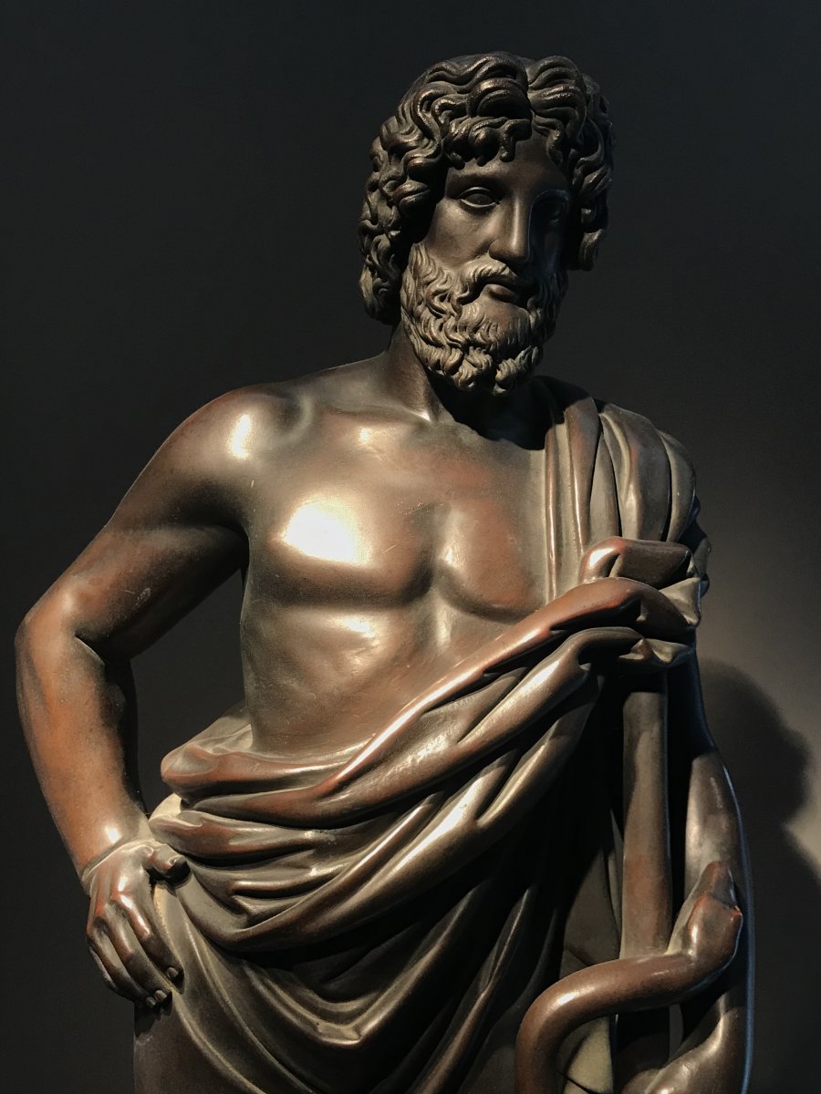 Patinated Copper Sculpture, Representing Aesculapius, Germany, Around 1860.-photo-3