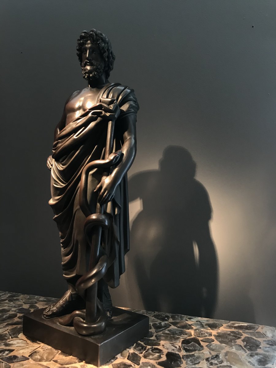 Patinated Copper Sculpture, Representing Aesculapius, Germany, Around 1860.-photo-2