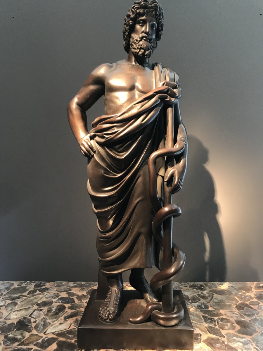 Patinated Copper Sculpture, Representing Aesculapius, Germany, Around 1860.