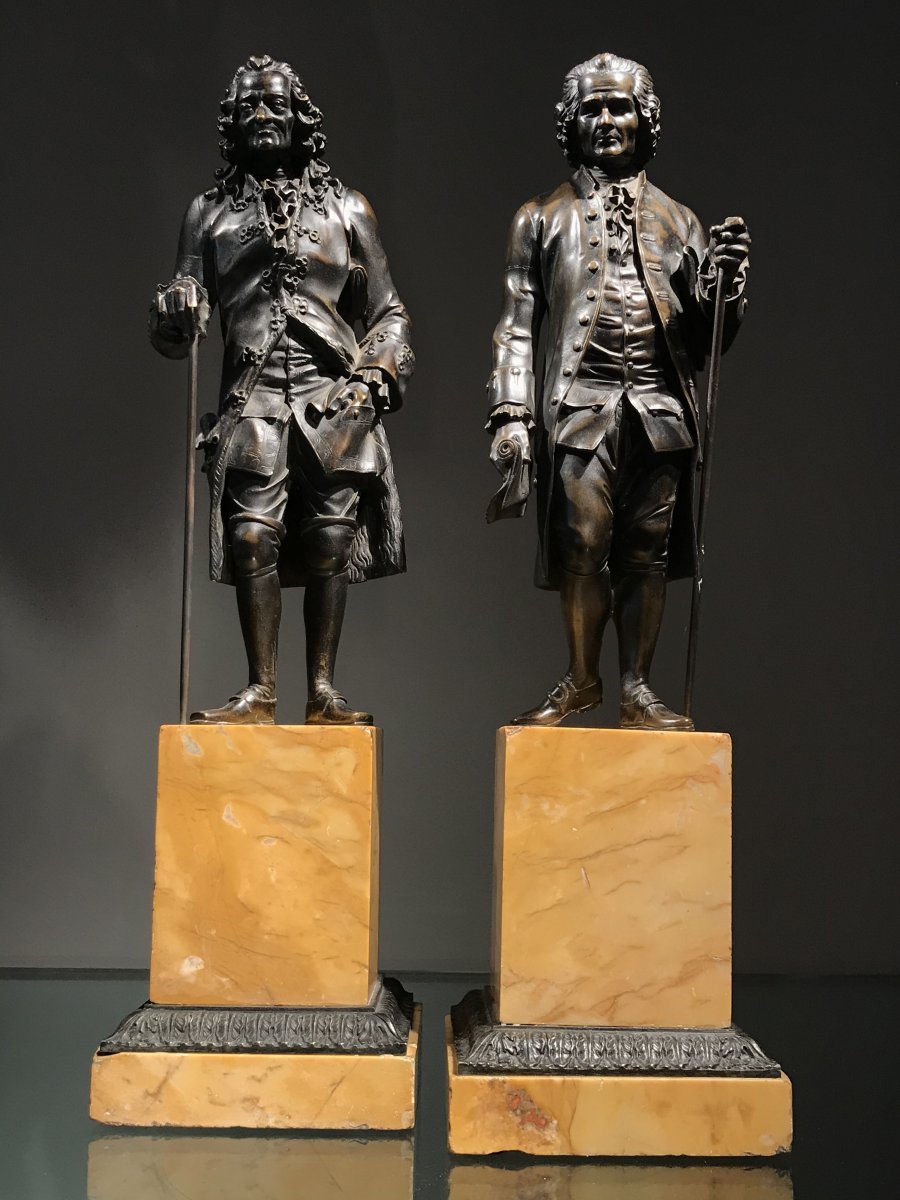 Paire De Sculptures En Bronze Patiné, Voltaire Et Rousseau, époque Charles X.-photo-4