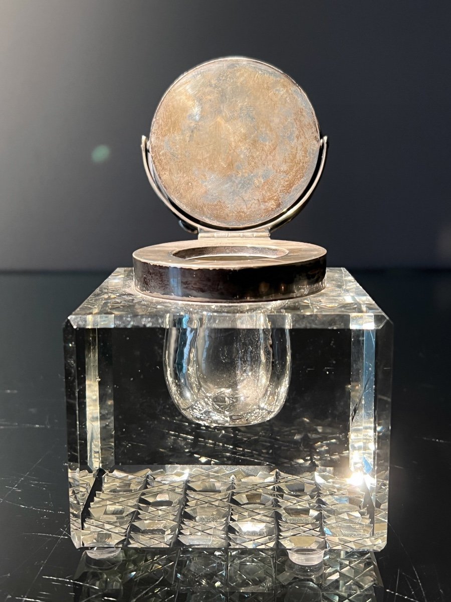 Tall Crystal And Silver Pendulum Inkwell, By John Grinsel Ltd., Birmingham, 1905-1920.-photo-3