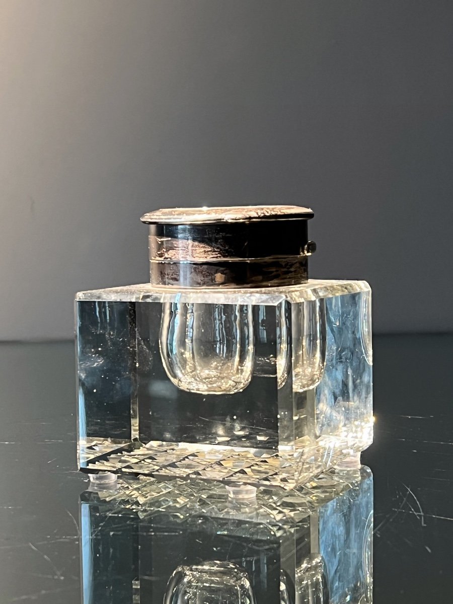 Tall Crystal And Silver Pendulum Inkwell, By John Grinsel Ltd., Birmingham, 1905-1920.-photo-1