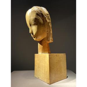 Emiel Poetou (1885-1975), Head Of A Girl, Lacquered Plaster Sculpture, Signed, 1926.