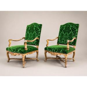 Pair Of Regency-style Armchairs In Gilded Wood, Silk Velvet, France, Napoleon III Period.