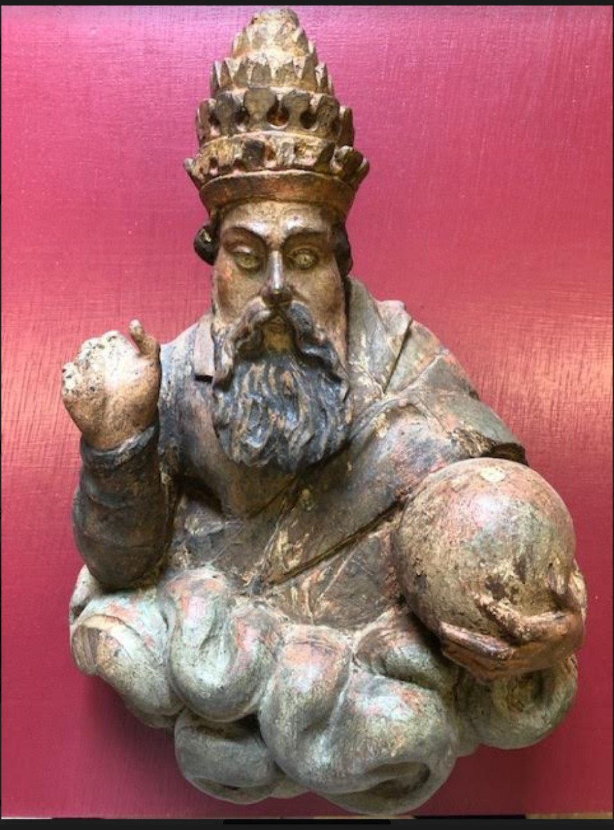 Wooden Statuette Subject With Pontifical Tiara