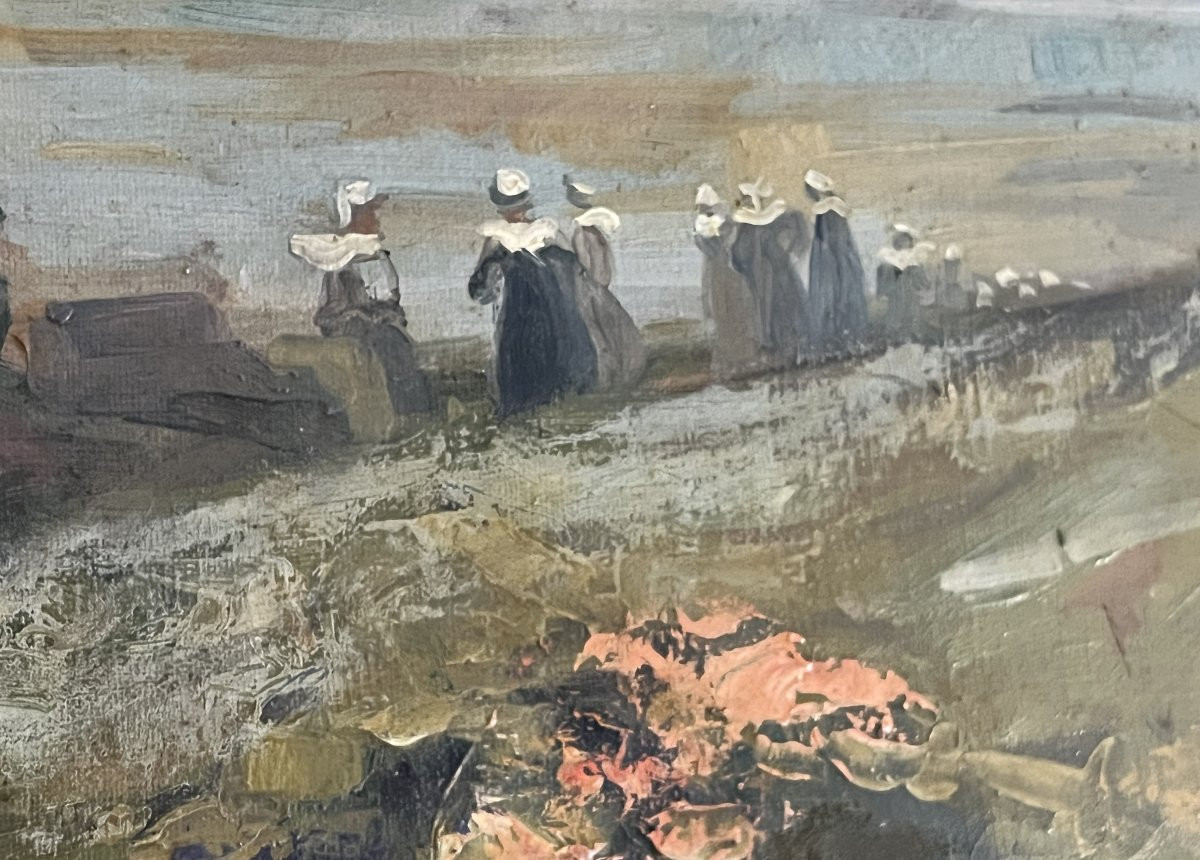 Huile sur toile signée P. Bouchaud, scène bretonne authentique-photo-2
