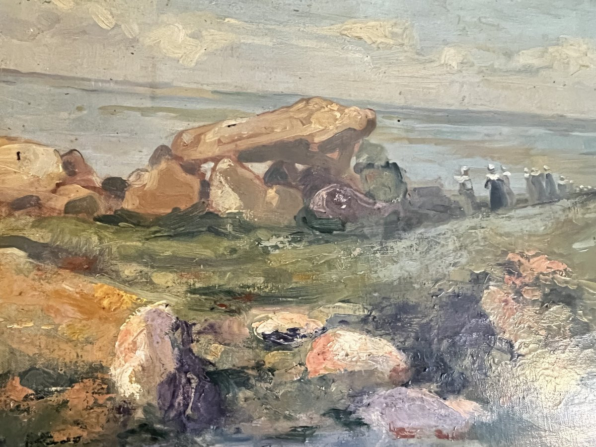 Huile sur toile signée P. Bouchaud, scène bretonne authentique-photo-3