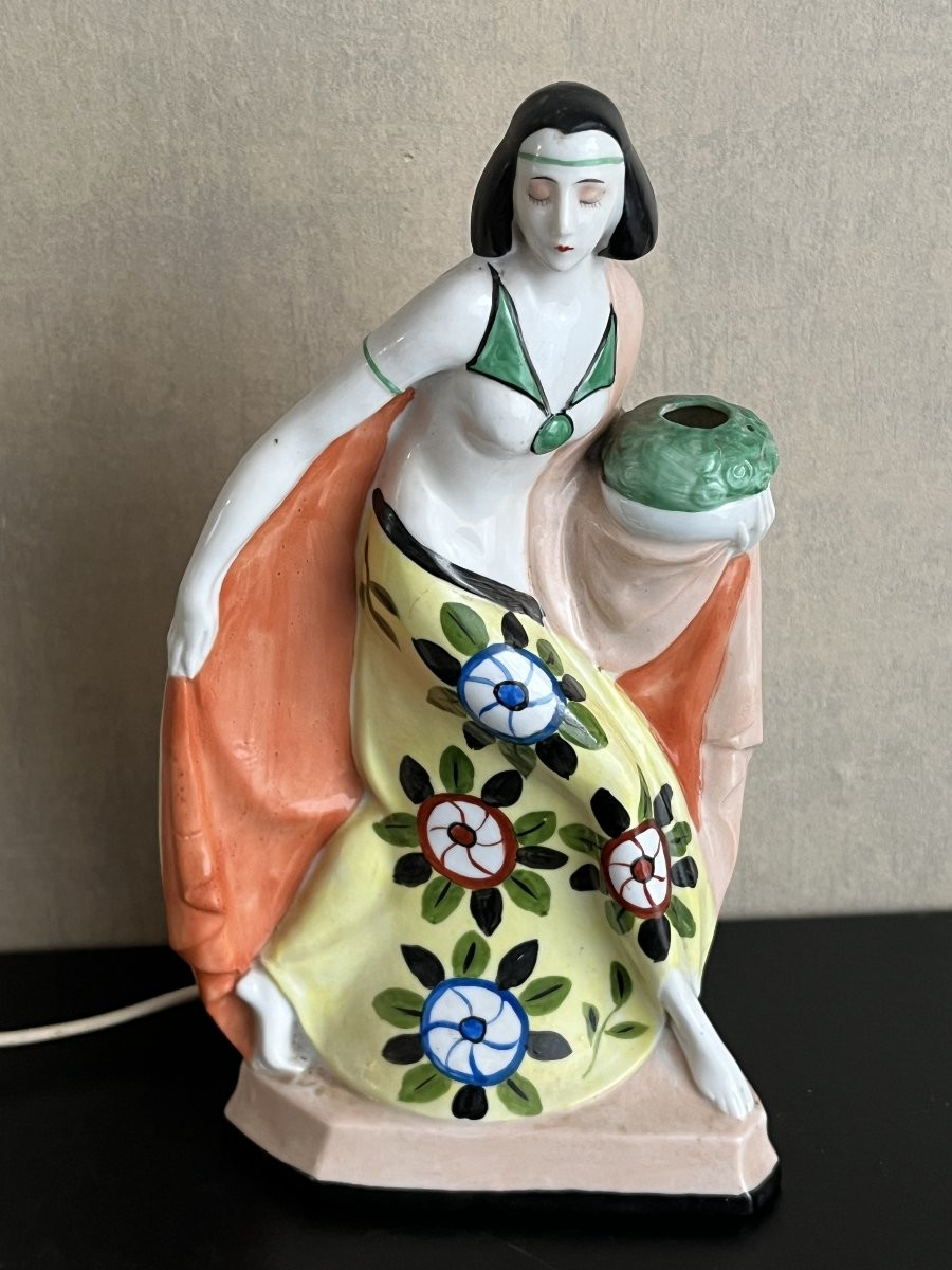 Veilleuse Art Déco en porcelaine polychrome – Femme stylisée – Années 1930 – Numérotée 10589-photo-2
