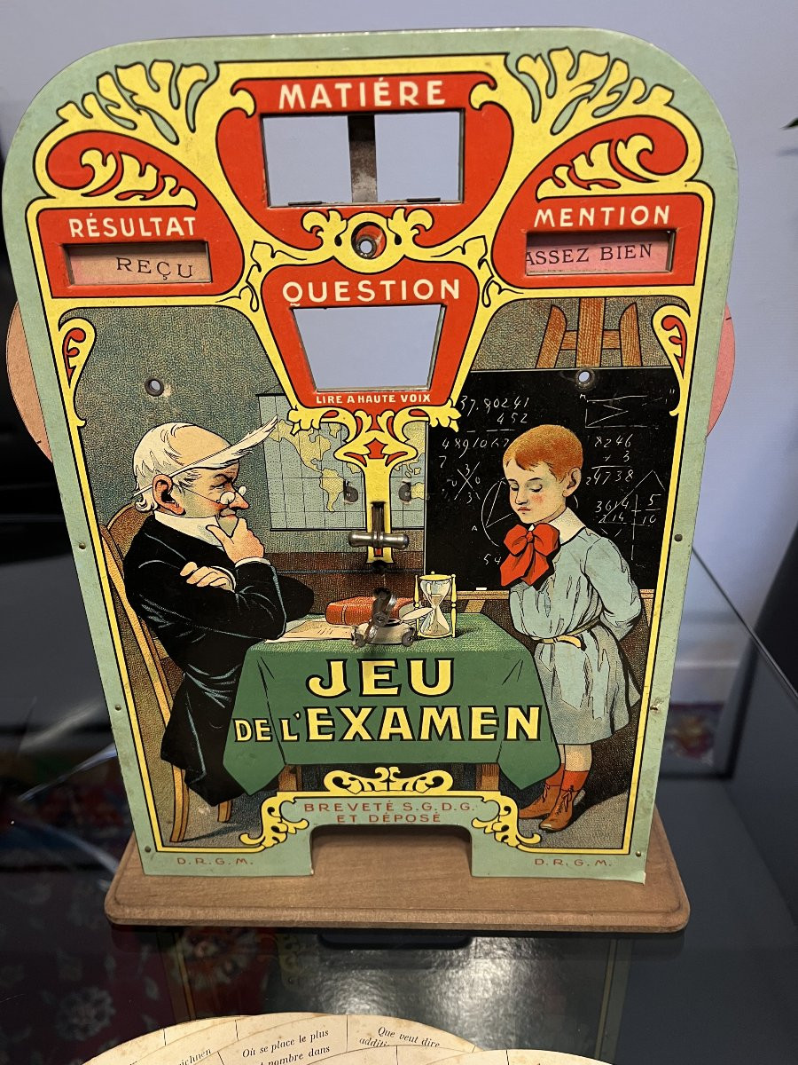 “Jeu de l’Examen” – Jeu mécanique ancien vers 1900 – Complet + disques + boîte-photo-3